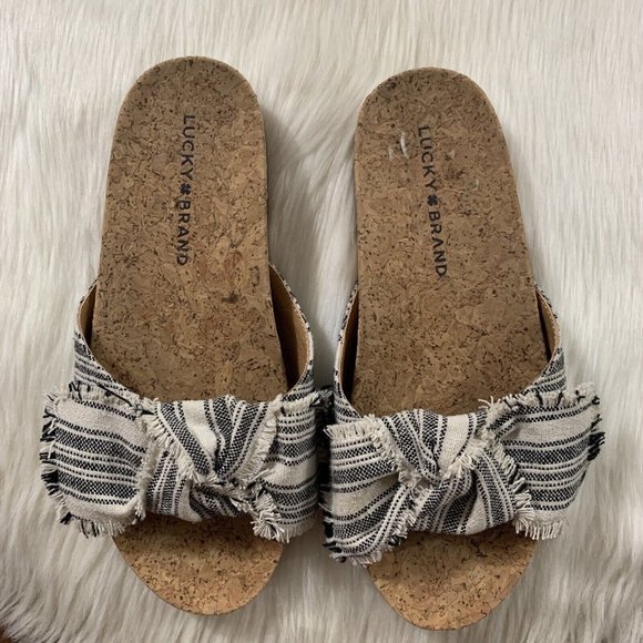 Lucky Brand Size 6 M Black Stripe Fabric Bow Cork Floritan Slip On Sandal Flats - Picture 4 of 9